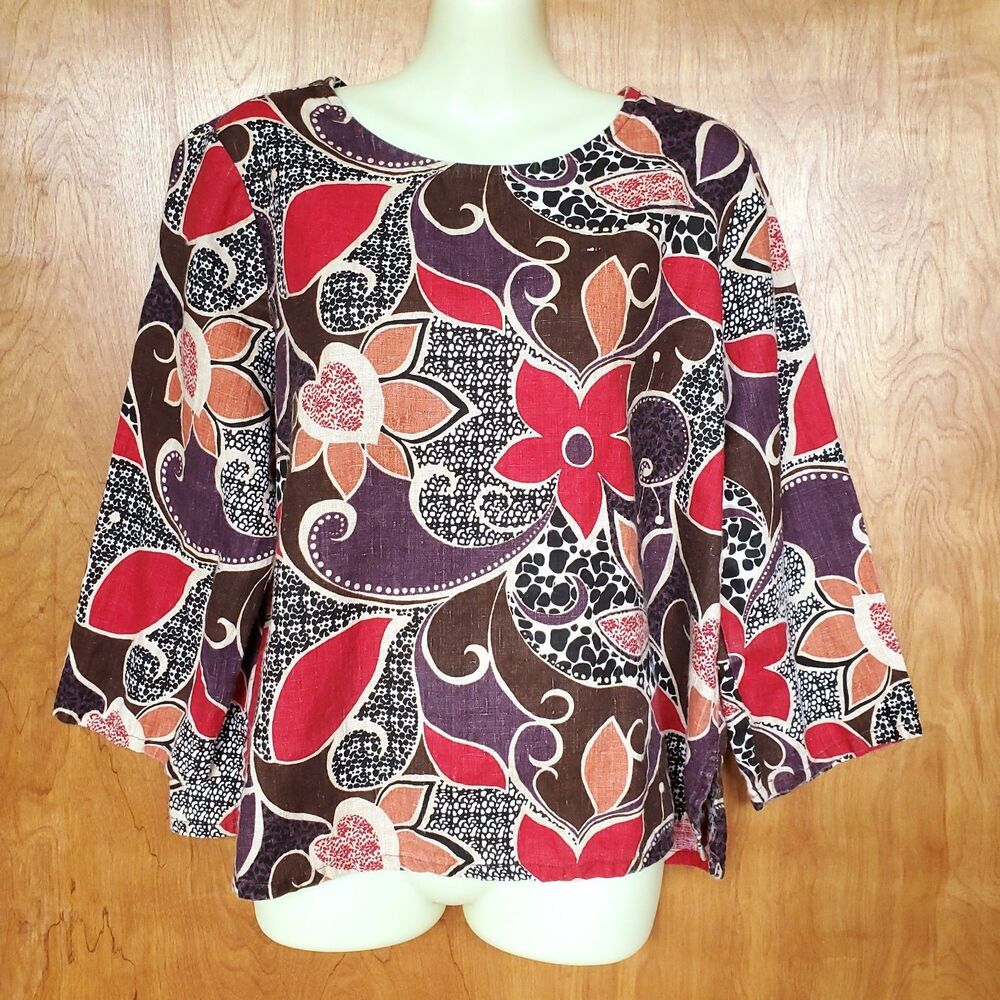 Floral Linen Top Sz M 3/4 Sleeve Bold Multicolor Colorful Lagenlook Hot Cotton
